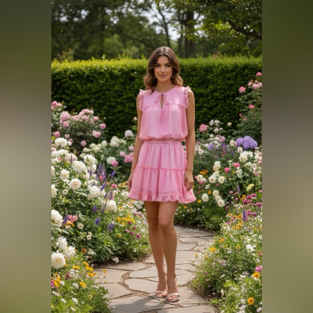 Adrienne Cocktails Pink Ruffle Chiffon Dress Large